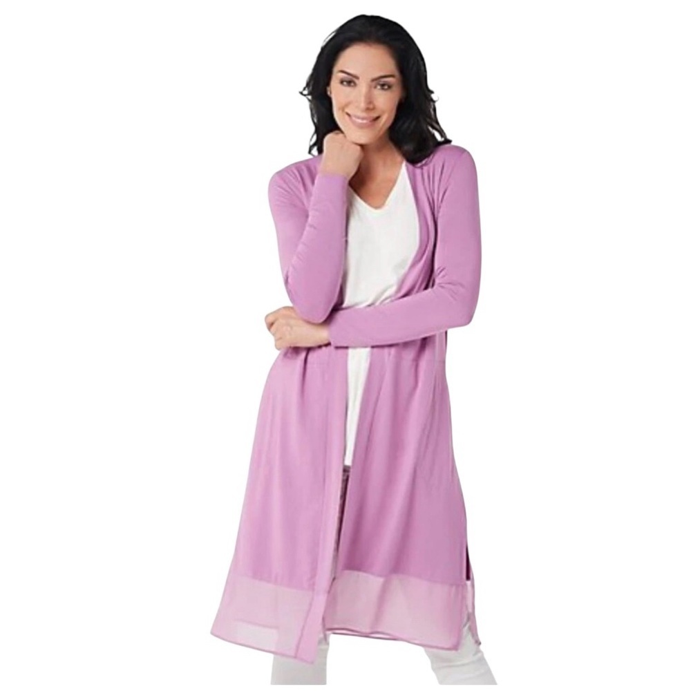LOGO by Lori Goldstein Duster Chiffon Hem Women’s Size S Purple Cardigan